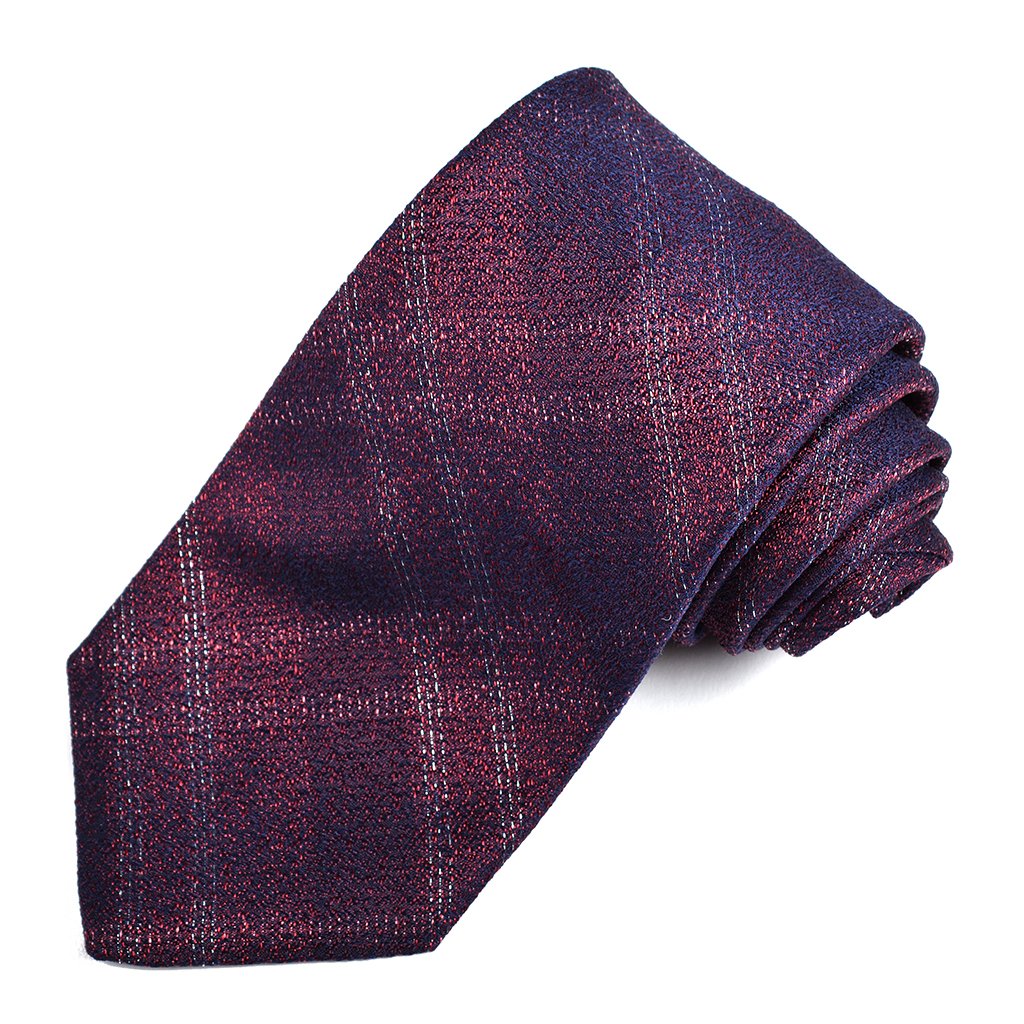 Berry, Navy, and Silver Lurex Plaid Silk Jacquard Tie by Dion Neckwear