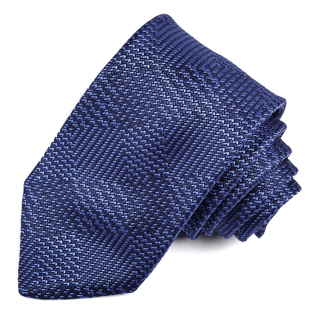 Navy, Marine, and French Blue Geometric Plaid Silk Jacquard Tie by Dion Neckwear