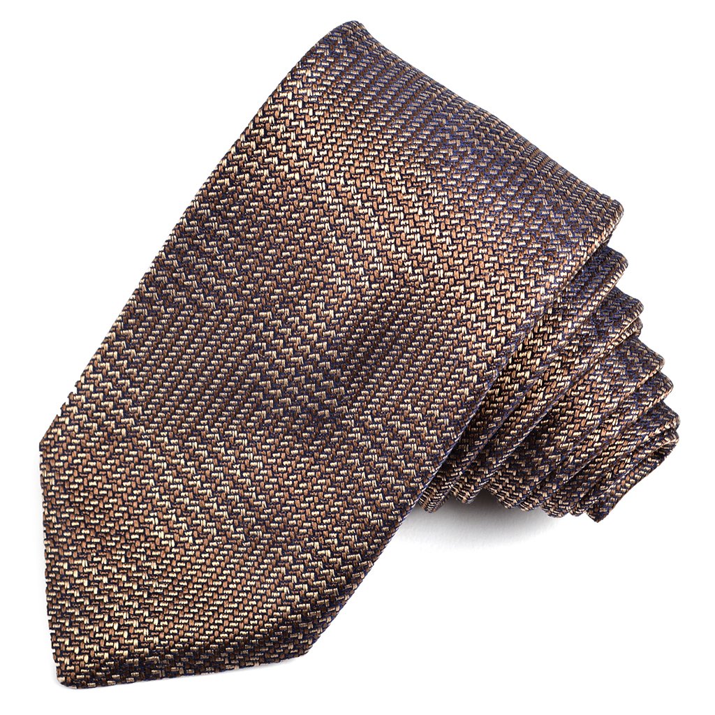 Brown, Navy, and Tan Geometric Plaid Silk Jacquard Tie by Dion Neckwear