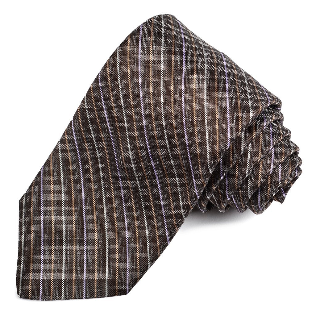 Brown, Tan, and Lilac Thin Plaid Woven Silk Jacquard Tie by Dion Neckwear