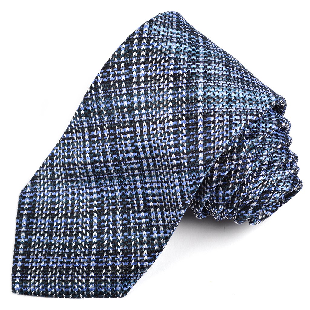 Navy, Powder Blue, and Teal Textured Plaid Woven Silk Jacquard Tie by Dion Neckwear