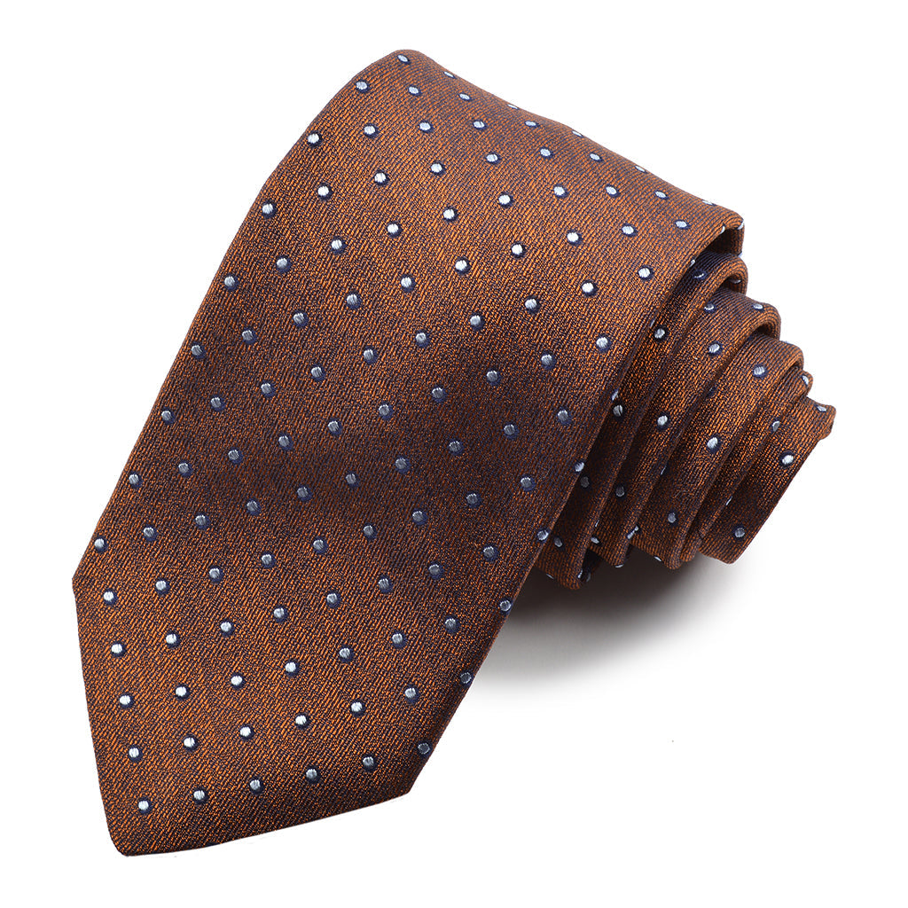 Cognac, Navy, and Sky Micro Dot Mélange Woven Jacquard Silk Tie by Dion Neckwear