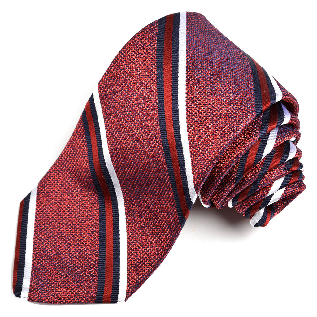 Red, Navy, and Latte Mélange Wide Bar Stripe Woven Jacquard Silk Tie by Dion Neckwear