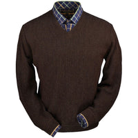 Baby Alpaca 'Links Stitch' V-Neck Sweater in Dark Brown Heather by Peru Unlimited