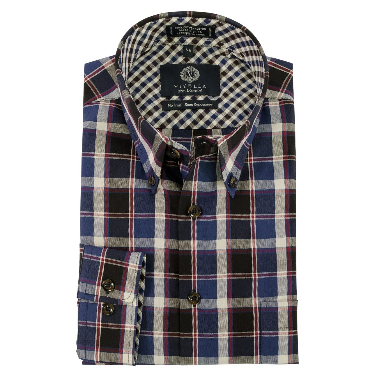 Blue, Navy, and Red Plaid Cotton Wrinkle-Free Button-Down Shirt by Viyella