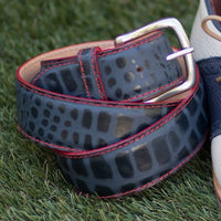 Travis Croco Grain Leather Belt in Navy with Red Contrast Stitching by T.B. Phelps
