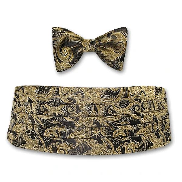 Gold and Black Paisley Silk Jacquard Cummerbund and Bow Tie Set by Dion