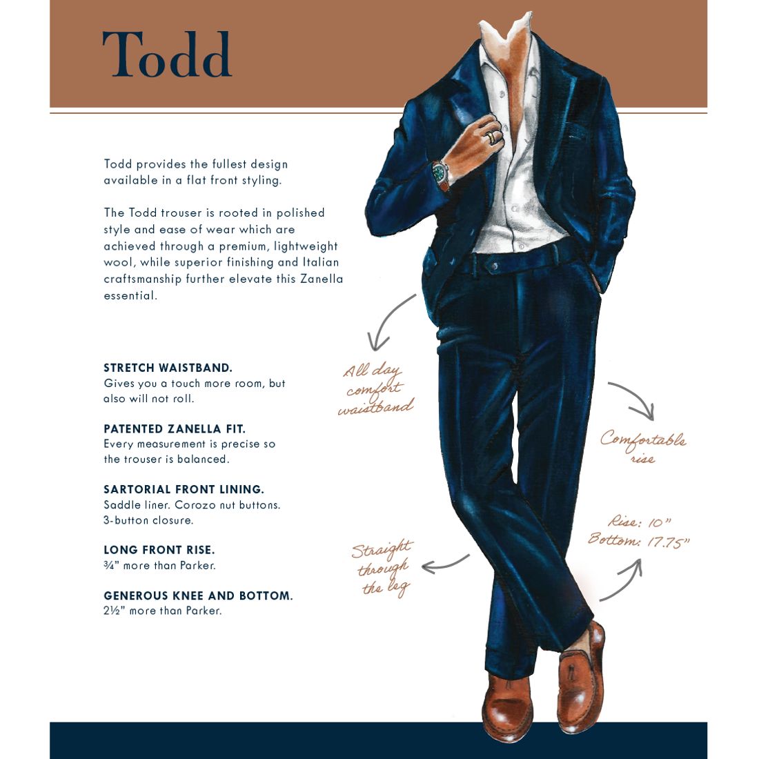Todd Flat Front Super 120s Wool Fancy Trouser in Navy & Brown Crosshatch (Full Fit) - LIMITED EDITION by Zanella