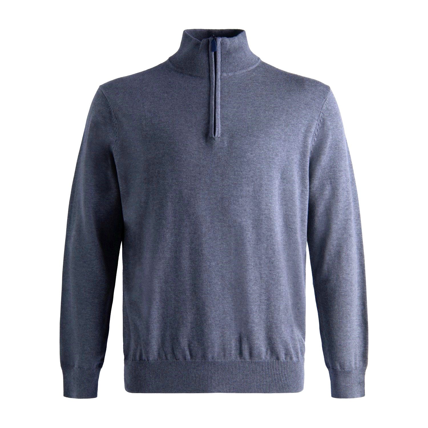 Cotton and Silk Blend Quarter-Zip Mock Neck Elbow Patch Sweater in Steel Blue by Viyella