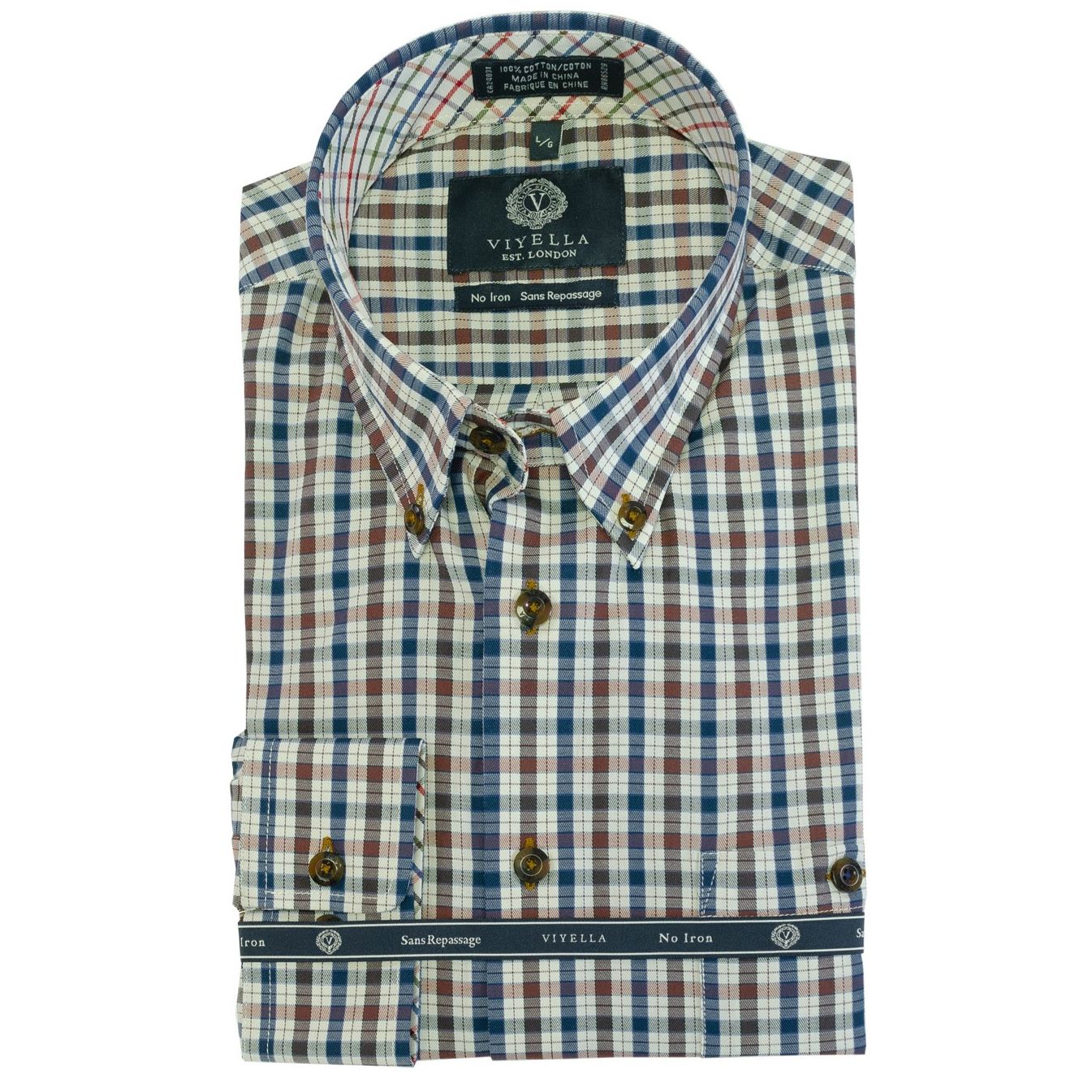 Blue and Chestnut Check Cotton Wrinkle-Free Button-Down Shirt by Viyella