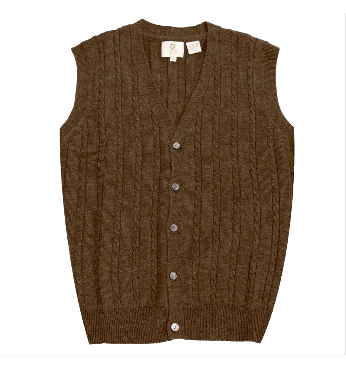 Extra Fine 'Zegna Baruffa' Merino Wool Button-Front Cable Knit Sleeveless Sweater Vest in Brown Melange by Viyella