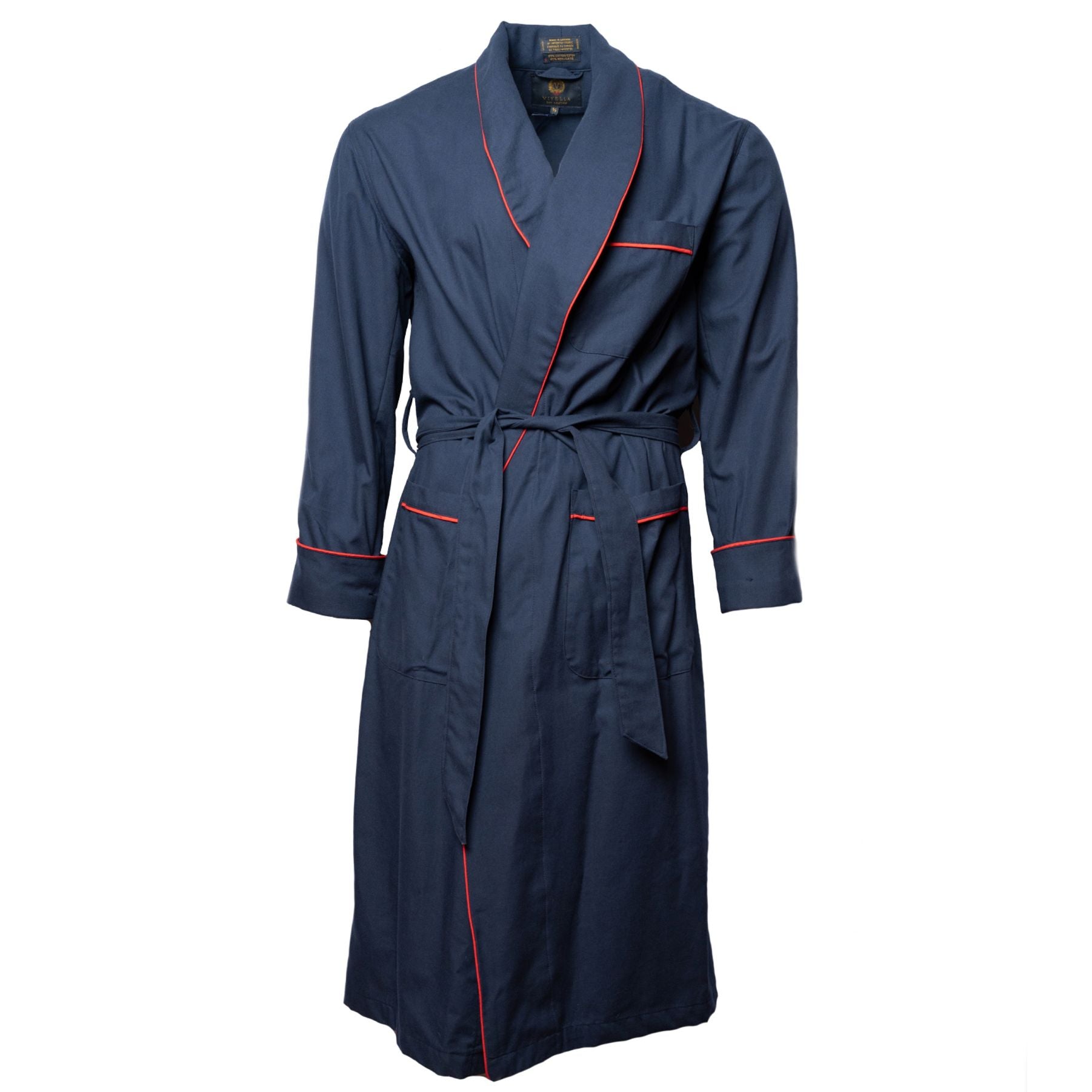 Gentleman's Cotton and Wool Blend Robe in Solid Navy with Red Piping by Viyella