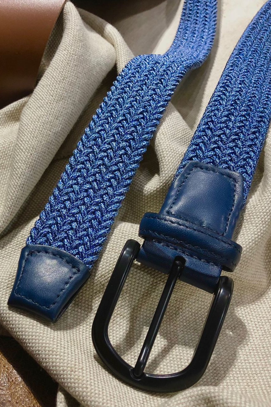 Italian Braided Melange Rayon Elastic Belt in Navy by Torino Leather