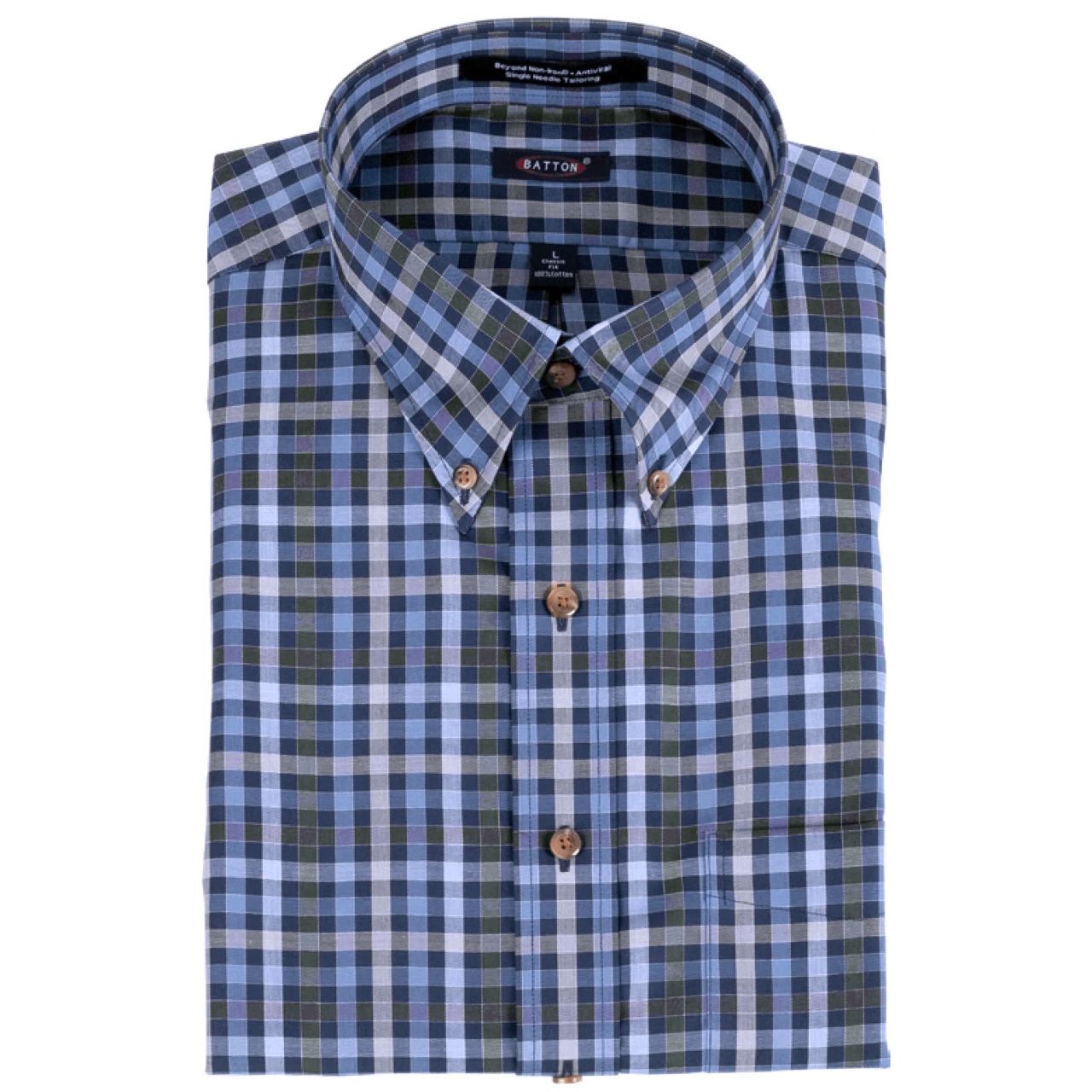 'Bobby' Navy, Sky, and Charcoal Plaid Long Sleeve Beyond Non-Iron® Cotton Twill Sport Shirt by Batton