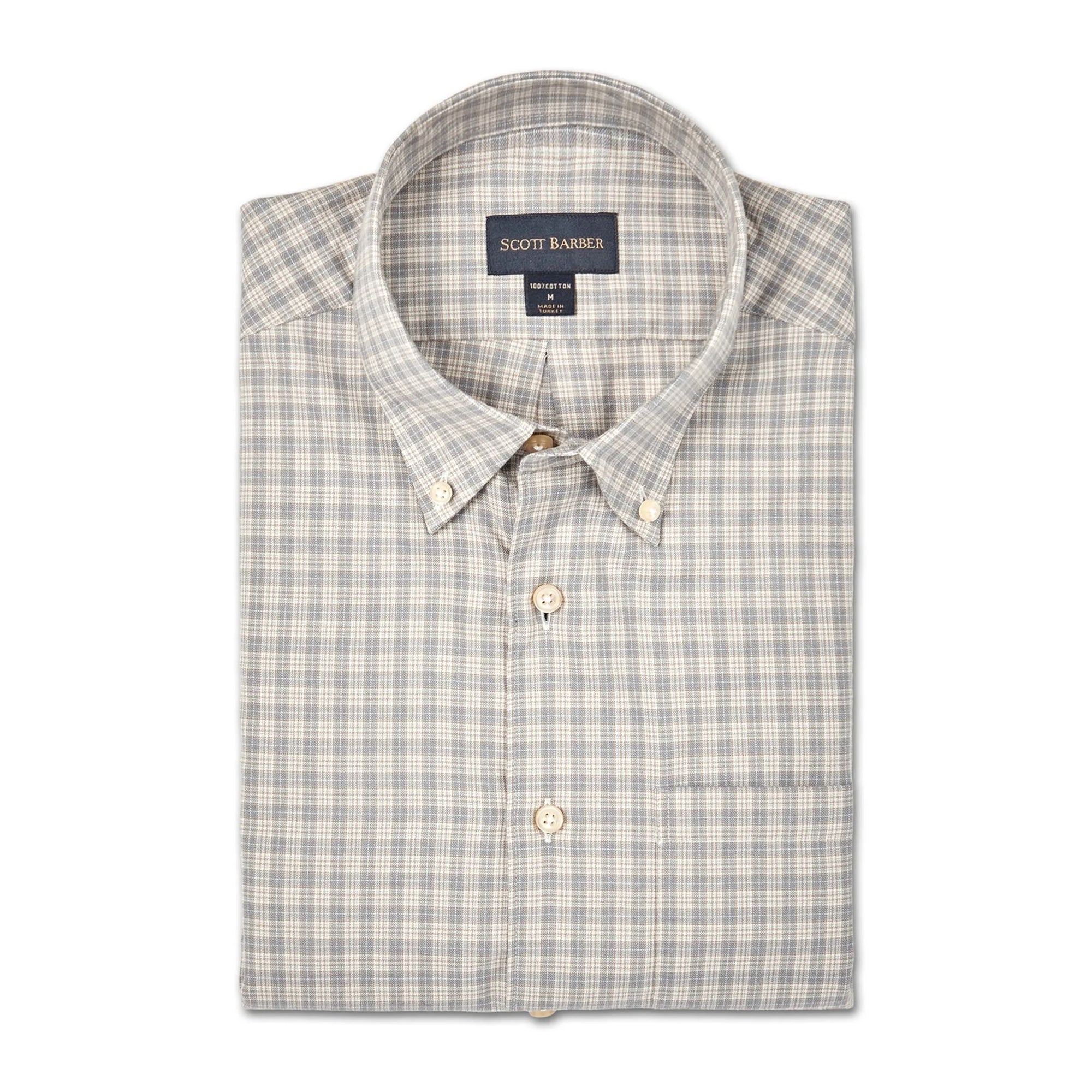 Glen Plaid Luxe Cotton Twill Sport Shirt in Khaki and Grey by Scott Barber