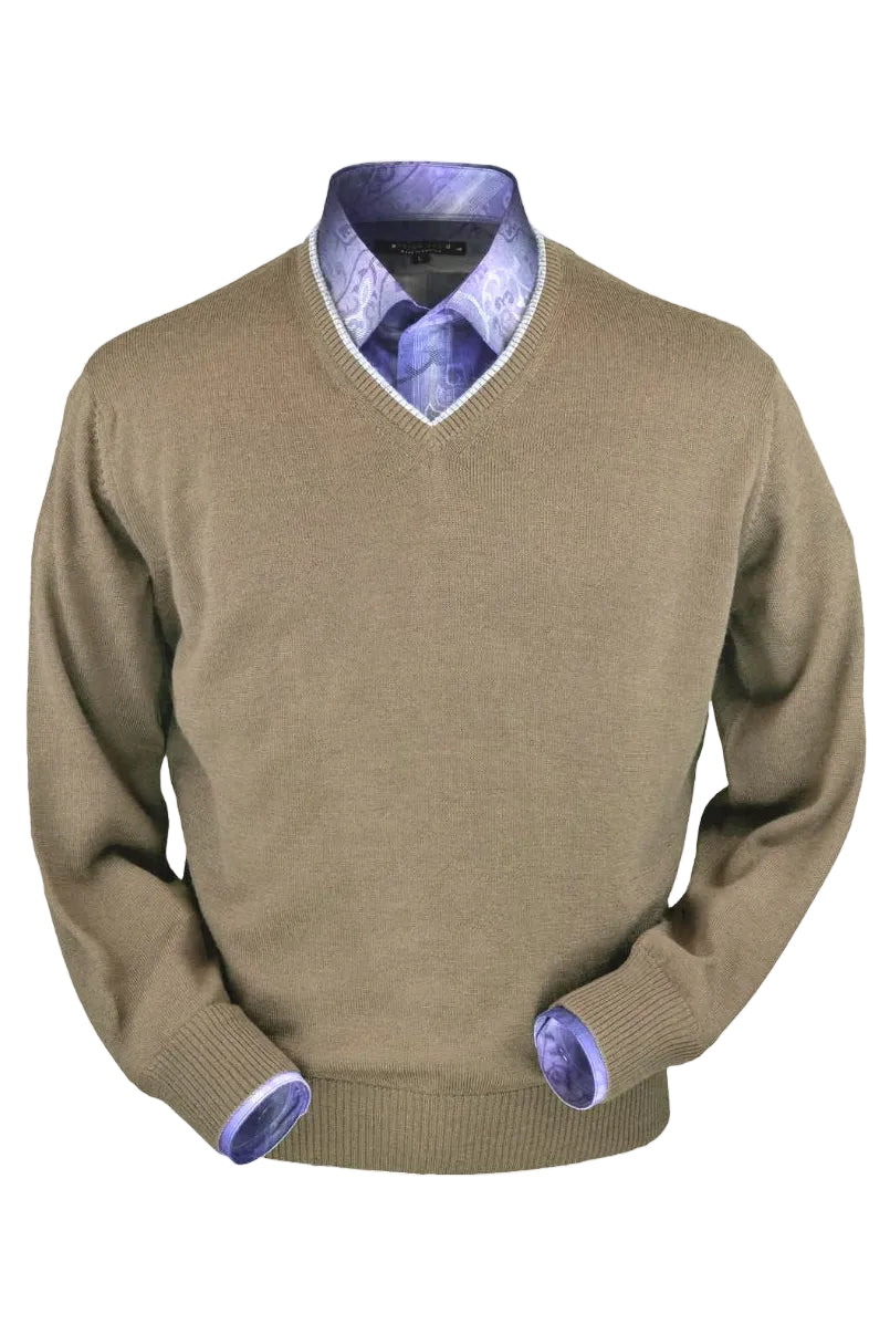 Royal Alpaca V-Neck Sweater in Tan Heather by Peru Unlimited