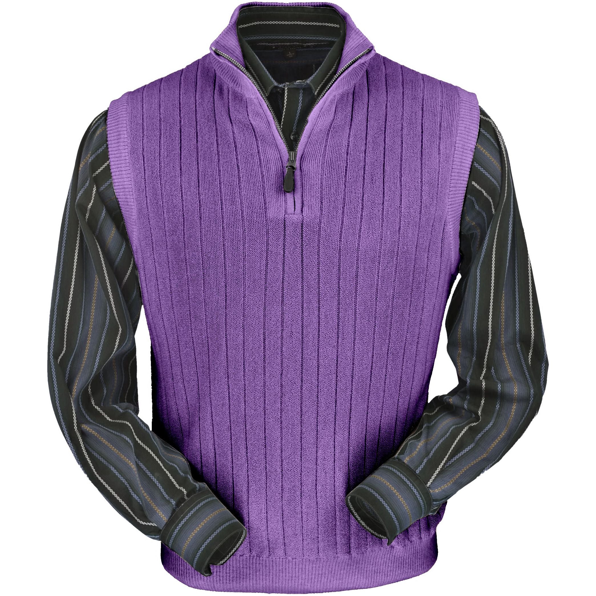 Baby Alpaca 'Links Stitch' Ribbed Zip-Neck Sweater Vest in Lilac Heath