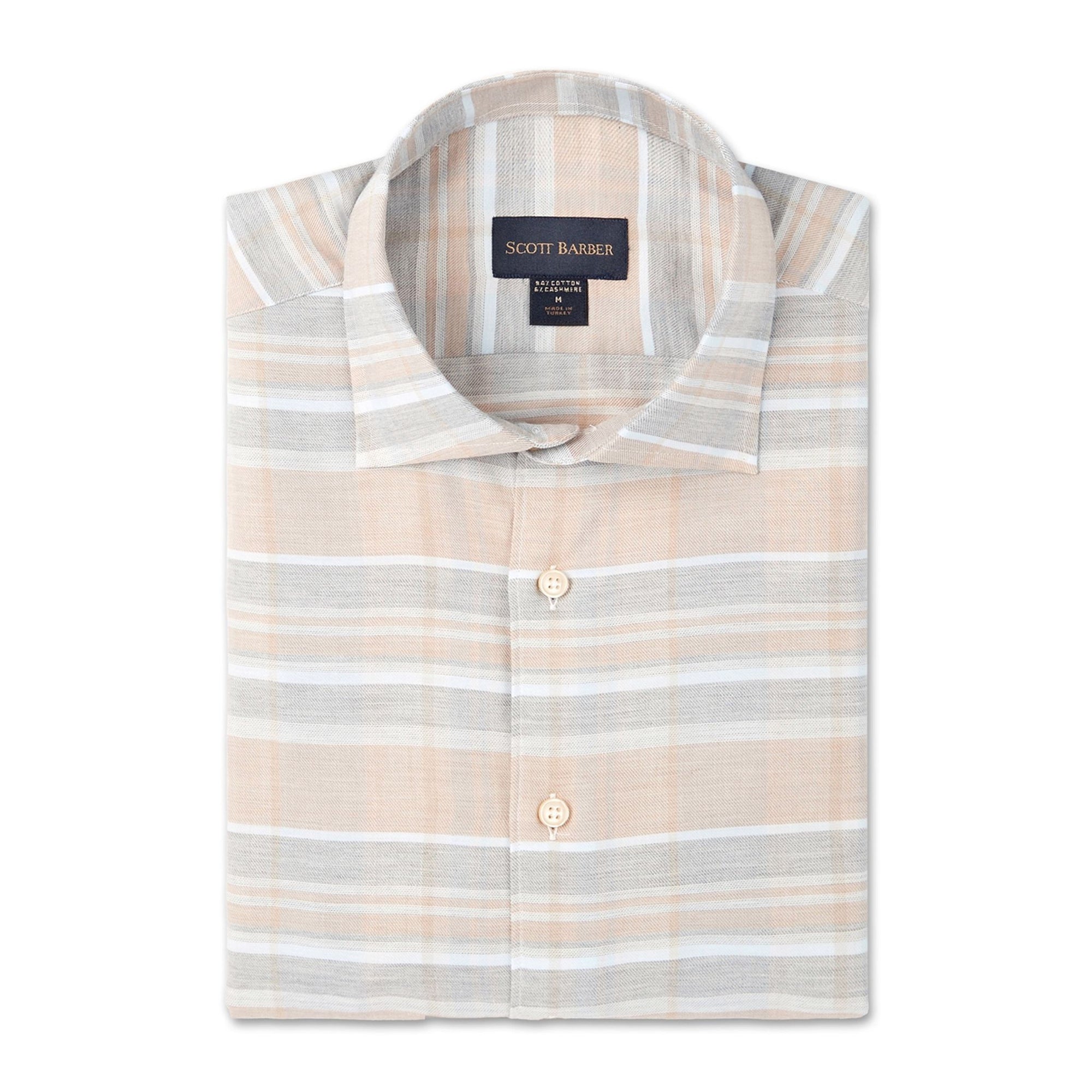 Shadow Plaid Cotton and Cashmere Sport Shirt in Khaki and Grey by Scott Barber
