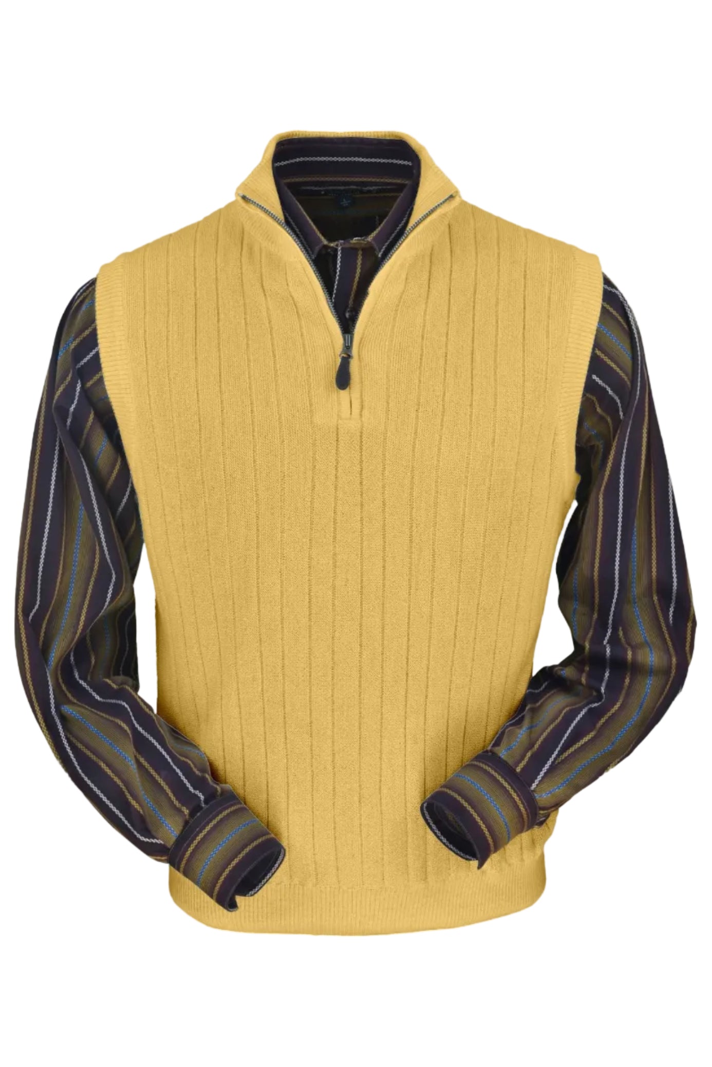 Baby Alpaca 'Links Stitch' Ribbed Zip-Neck Sweater Vest in Gold by Peru Unlimited