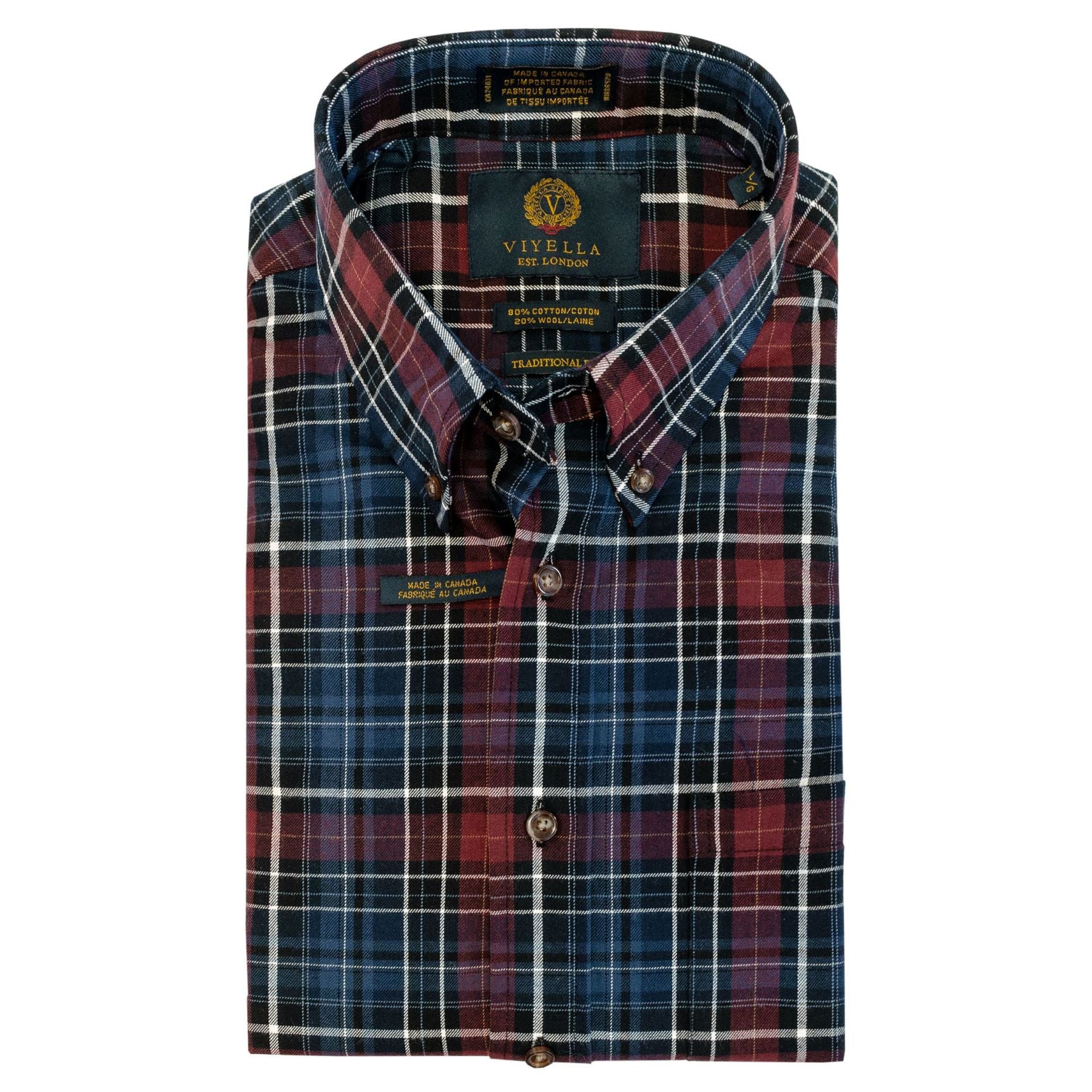 Maroon and Blue Plaid Cotton and Wool Blend Button-Down Shirt by Viyella