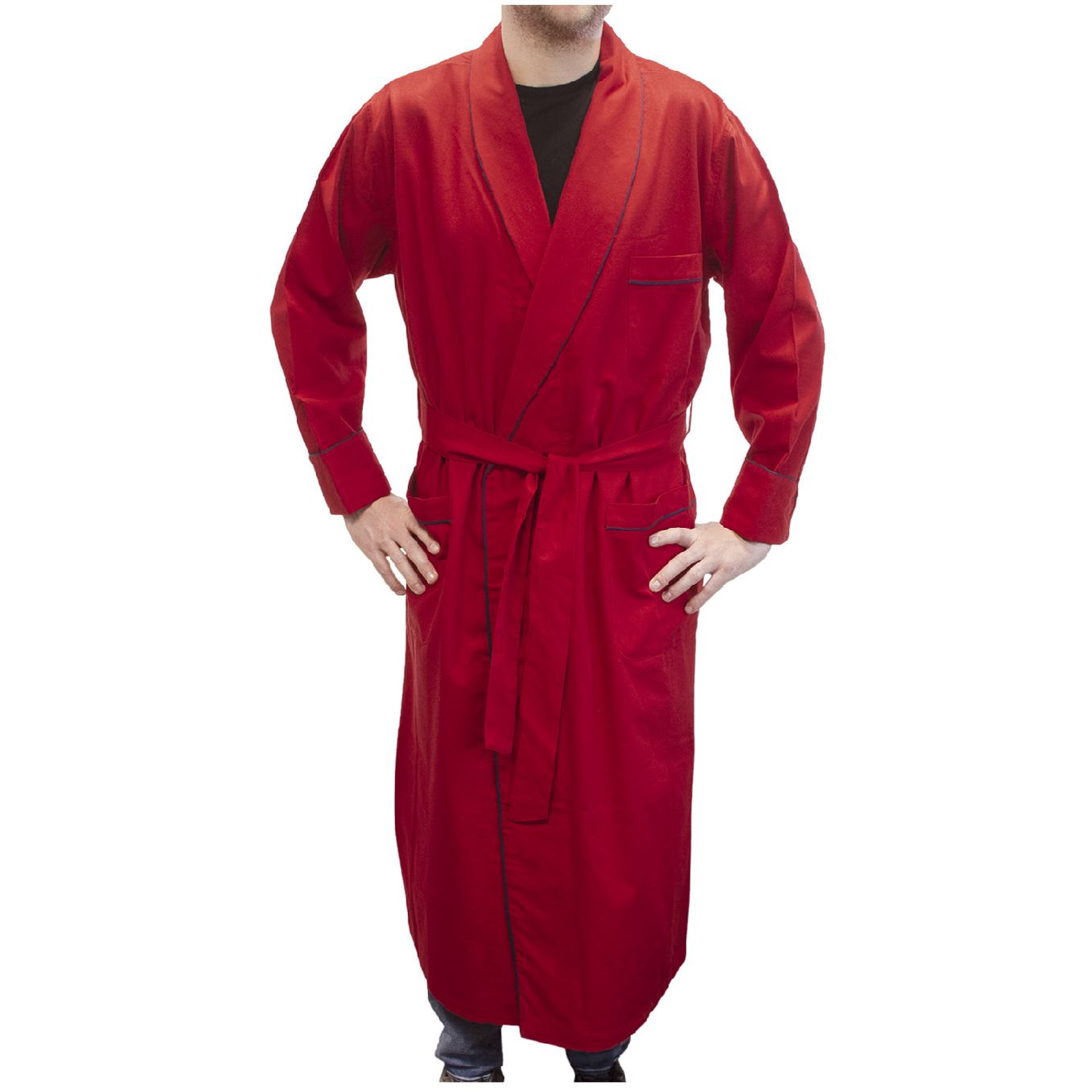 Gentleman's Cotton and Wool Blend Robe in Solid Red with Navy Piping by Viyella