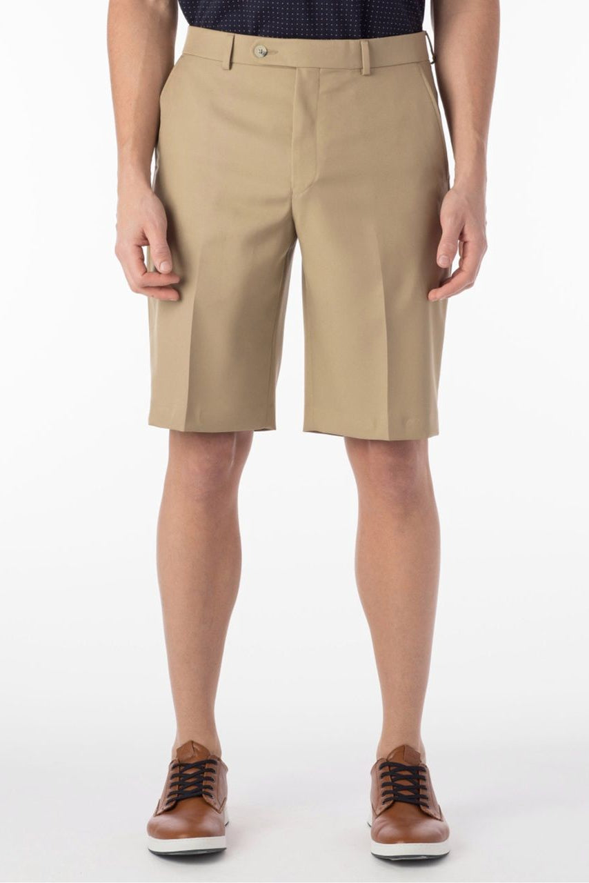 Micro Nano Travel Twill Performance Gabardine Plain Front Shorts in Tan by Ballin