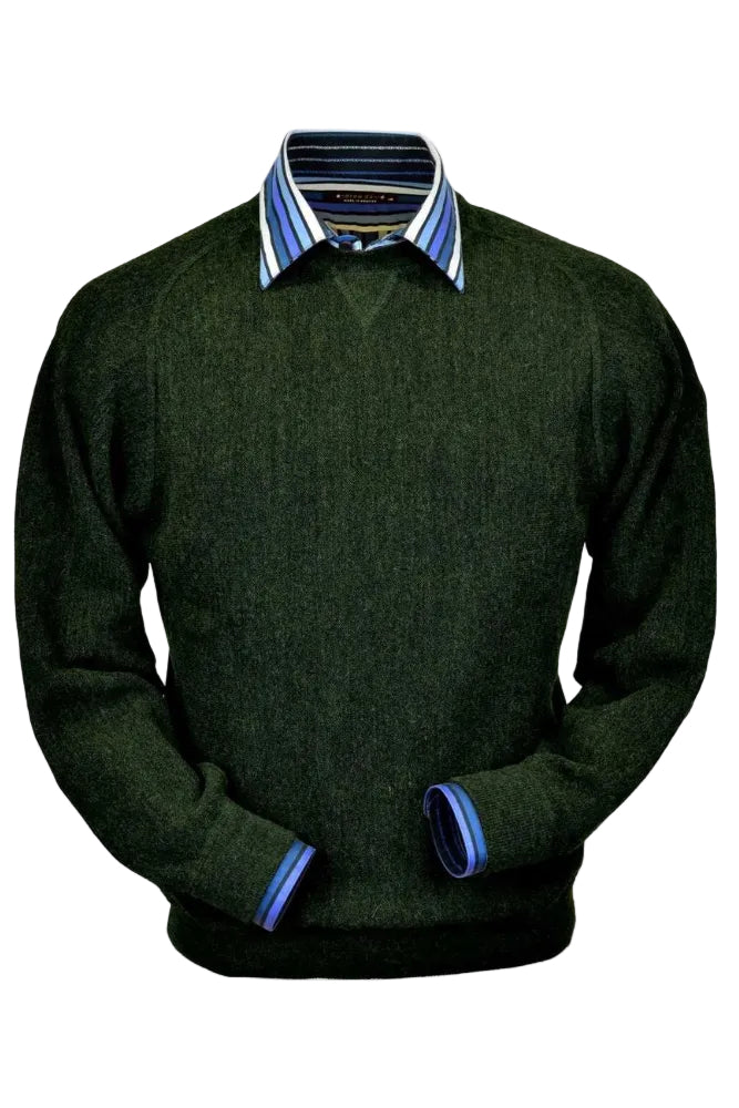 Baby Alpaca 'Links Stitch' Sweatshirt-Style Crew Neck Sweater in Hunter Green Heather by Peru Unlimited