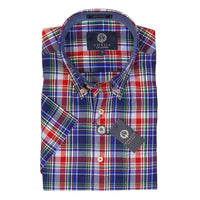 Cotton Madras Short Sleeve Cotton Sport Shirt in Wine, Blue, and Navy Plaid by Viyella