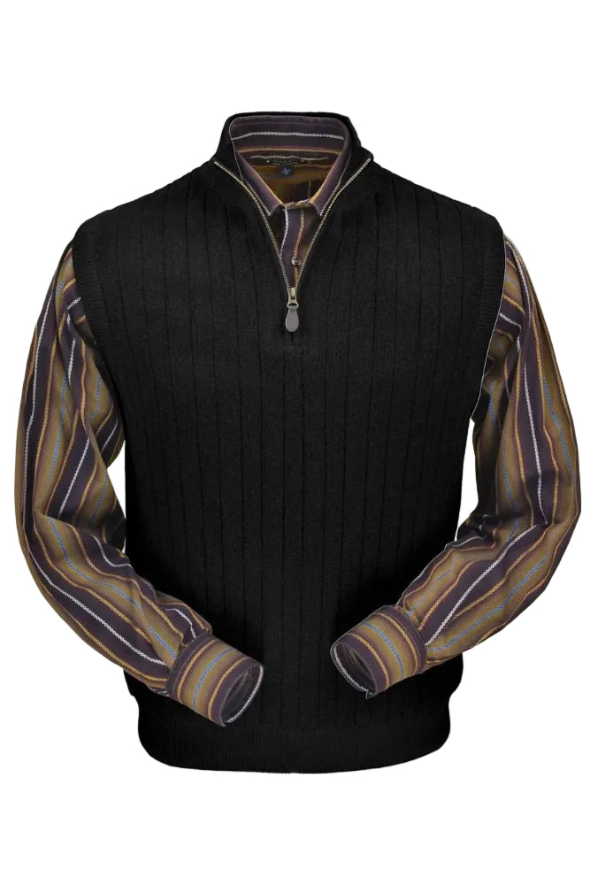 Baby Alpaca 'Links Stitch' Ribbed Zip-Neck Sweater Vest in Black by Peru Unlimited