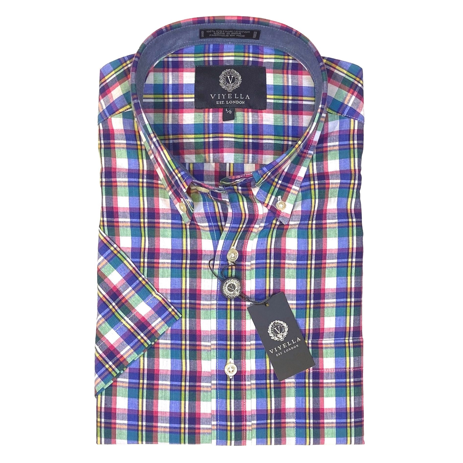 Cotton Madras Short Sleeve Cotton Sport Shirt in Blue, Green, and Rose Plaid by Viyella