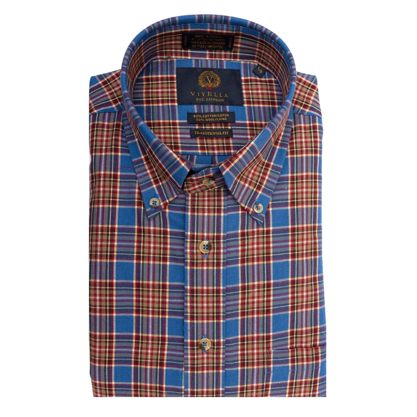 Blue, Red, and Tan Plaid Cotton and Wool Blend Button-Down Shirt by Vi