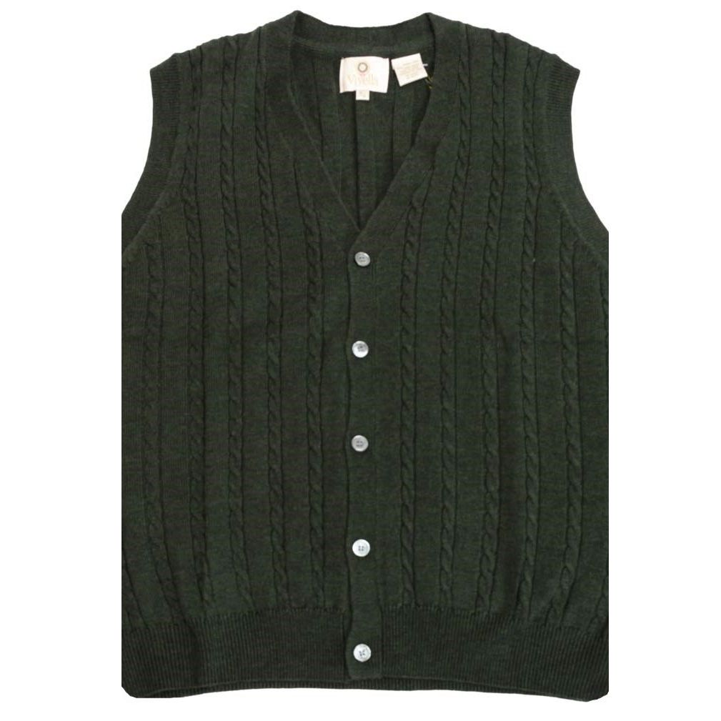 Extra Fine 'Zegna Baruffa' Merino Wool Button-Front Cable Knit Sleeveless Sweater Vest in Dark Green by Viyella