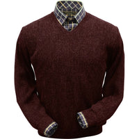 Baby Alpaca 'Links Stitch' V-Neck Sweater in Wine Heather by Peru Unlimited