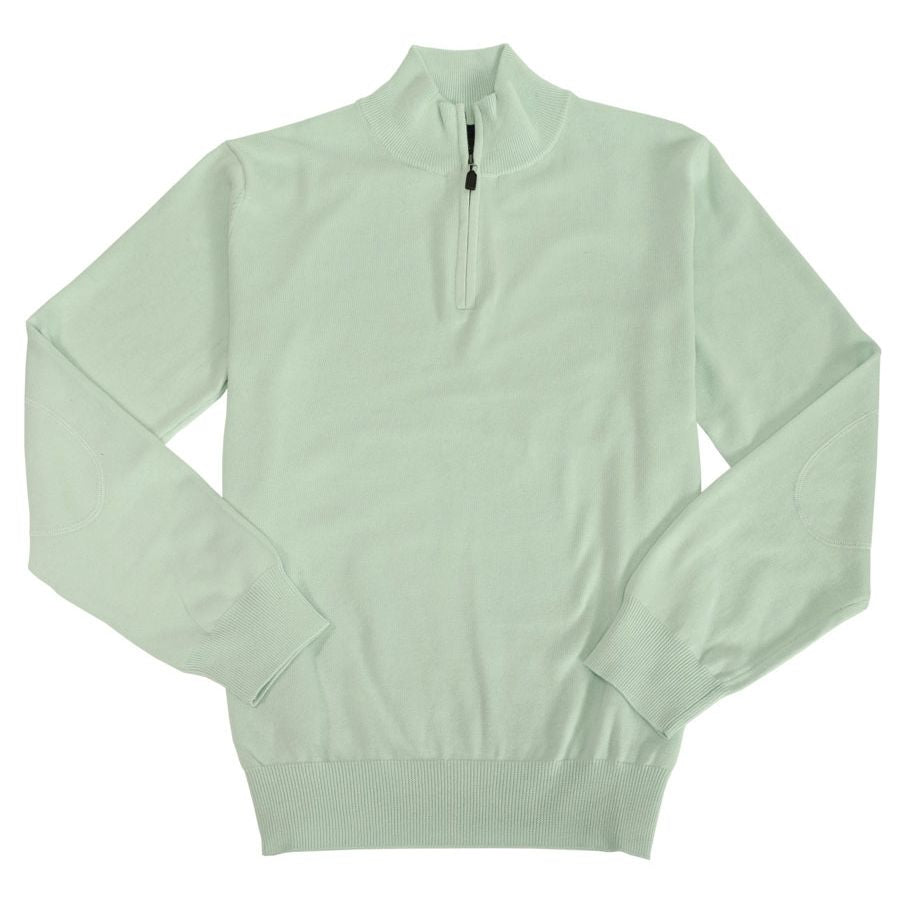 Cotton and Silk Blend Quarter-Zip Mock Neck Elbow Patch Sweater in Mint by Viyella