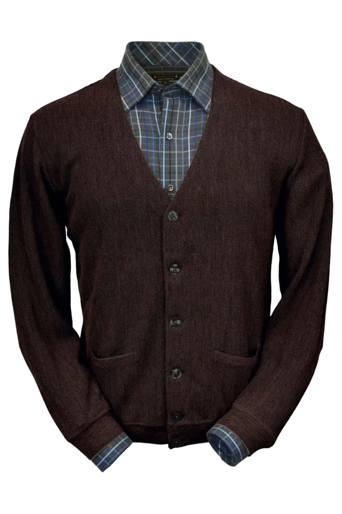 Baby Alpaca 'Links Stitch' V-Neck Cardigan Sweater in Dark Brown Heather by Peru Unlimited
