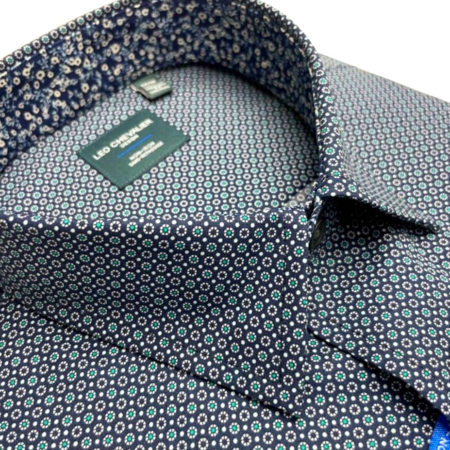 Navy and Green Neat Print No-Iron Cotton Sport Shirt with Hidden Button Down Collar by Leo Chevalier