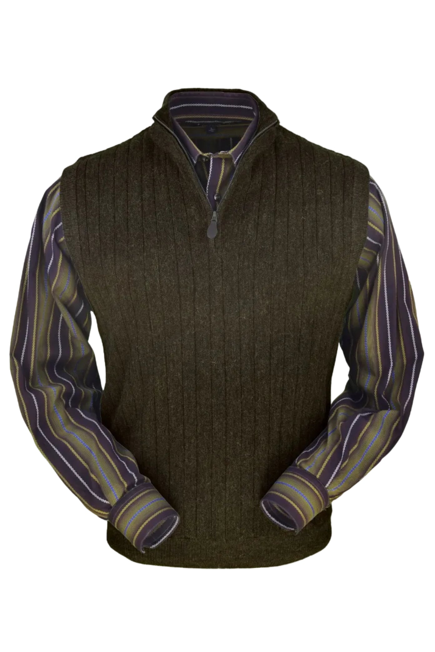 Baby Alpaca 'Links Stitch' Ribbed Zip-Neck Sweater Vest in Pine Heather by Peru Unlimited