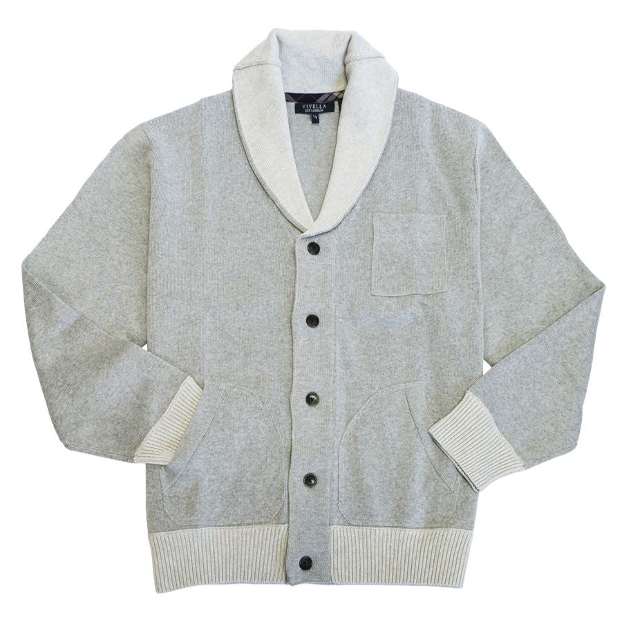 Cotton Shawl Collar Two-Tone Button-Front Cardigan Sweater in Grey by Viyella