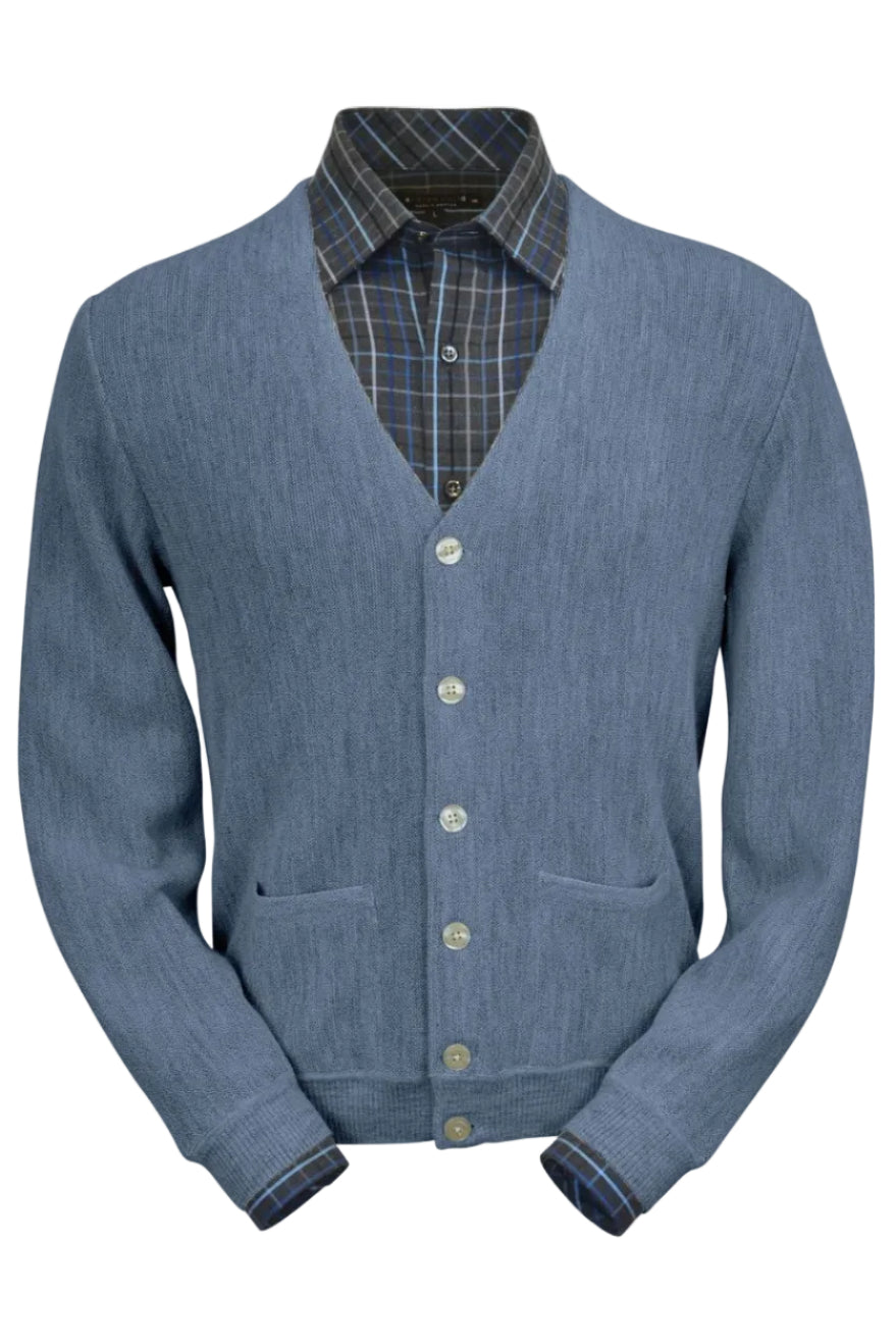 Baby Alpaca 'Links Stitch' V-Neck Cardigan Sweater in Sky Heather by Peru Unlimited
