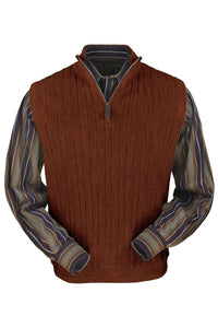 Baby Alpaca 'Links Stitch' Ribbed Zip-Neck Sweater Vest in Rust Heather by Peru Unlimited