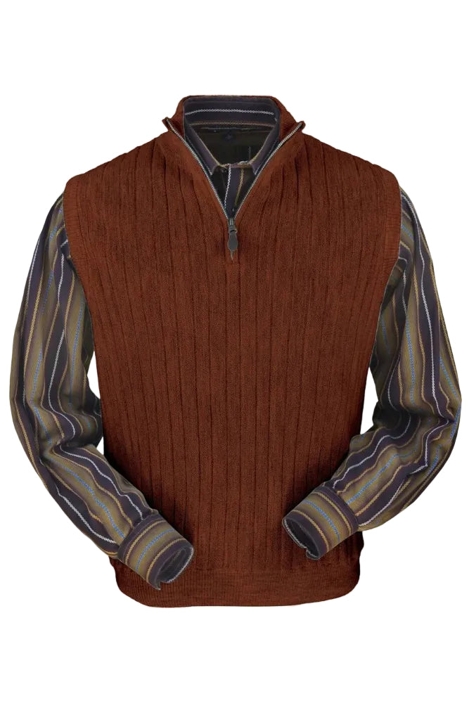 Baby Alpaca 'Links Stitch' Ribbed Zip-Neck Sweater Vest in Rust Heather by Peru Unlimited