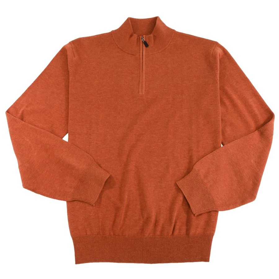 Cotton and Silk Blend Quarter-Zip Mock Neck Elbow Patch Sweater in Orange by Viyella