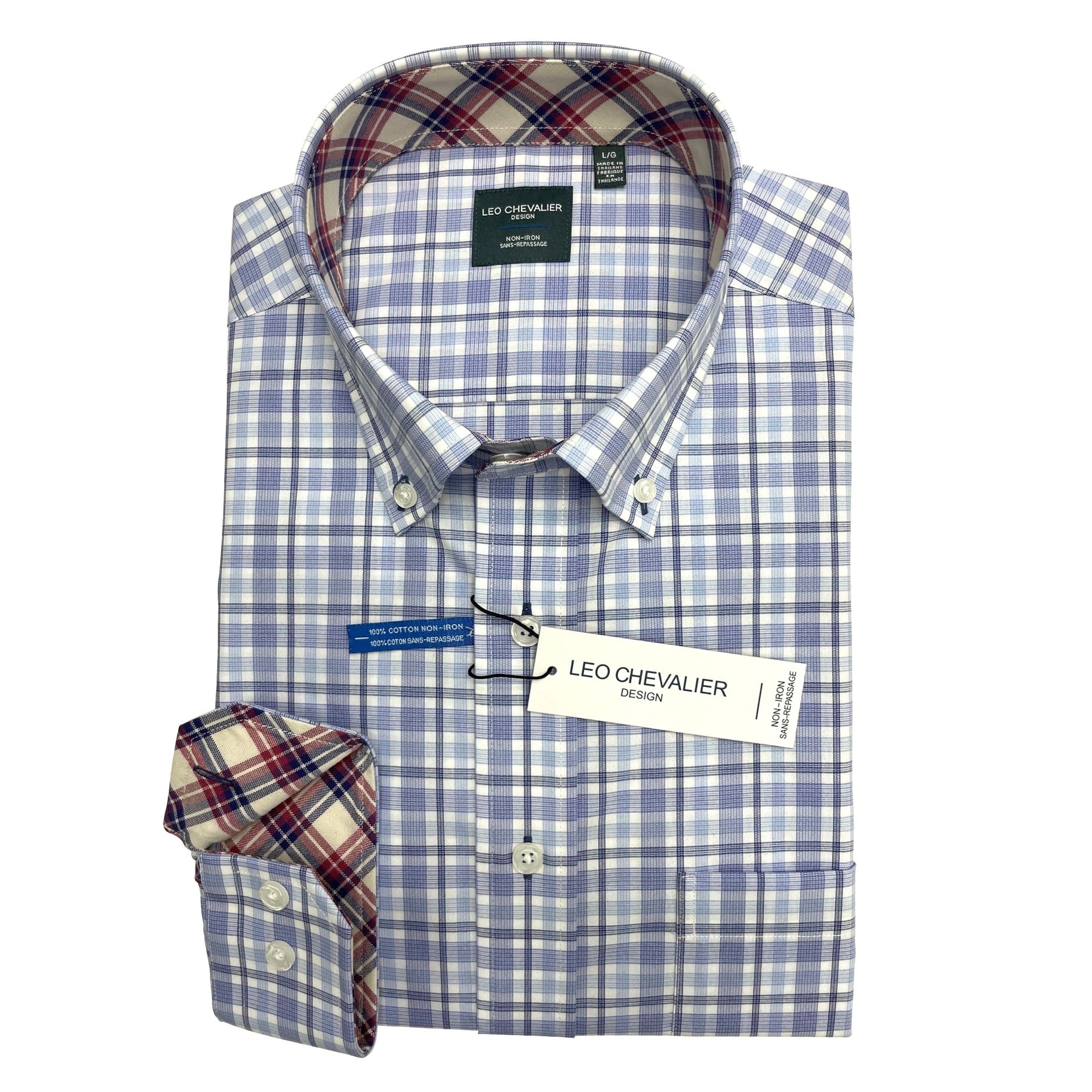 Multi Blue and White Plaid No-Iron Cotton Sport Shirt with Button Down Collar by Leo Chevalier