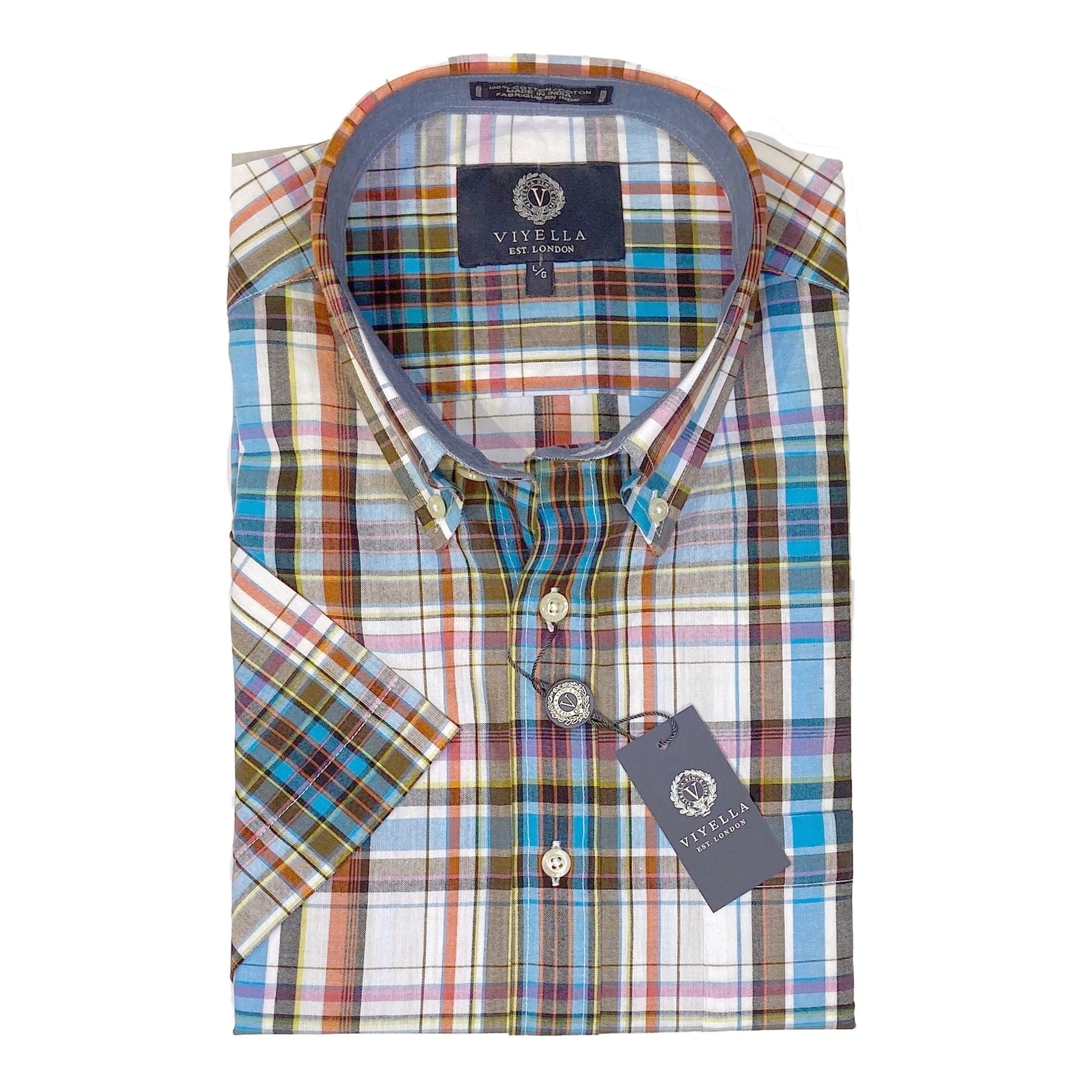 Cotton Madras Short Sleeve Cotton Sport Shirt in Blue, Olive, and White Plaid by Viyella