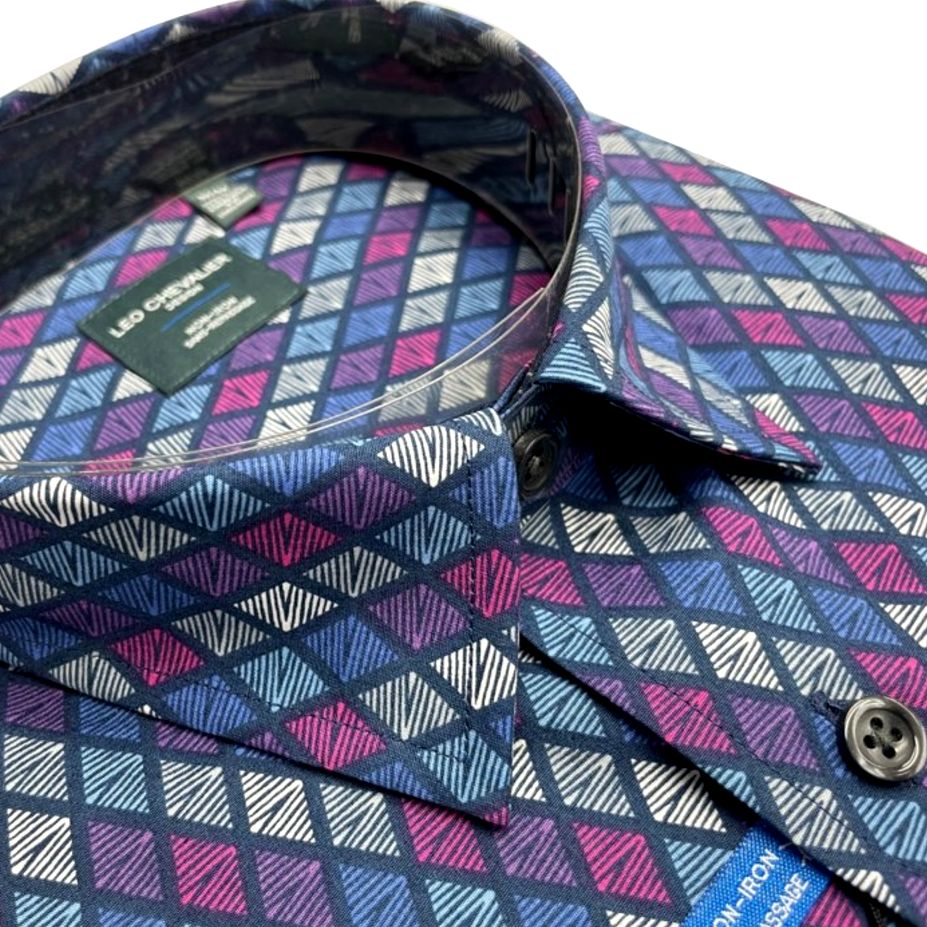 Multi Geometric Diamond Print No-Iron Cotton Sport Shirt with Hidden Button Down Collar by Leo Chevalier