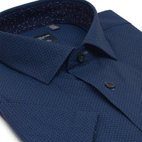 Navy Neat Print Short Sleeve No-Iron Cotton Sport Shirt with Spread Collar by Leo Chevalier