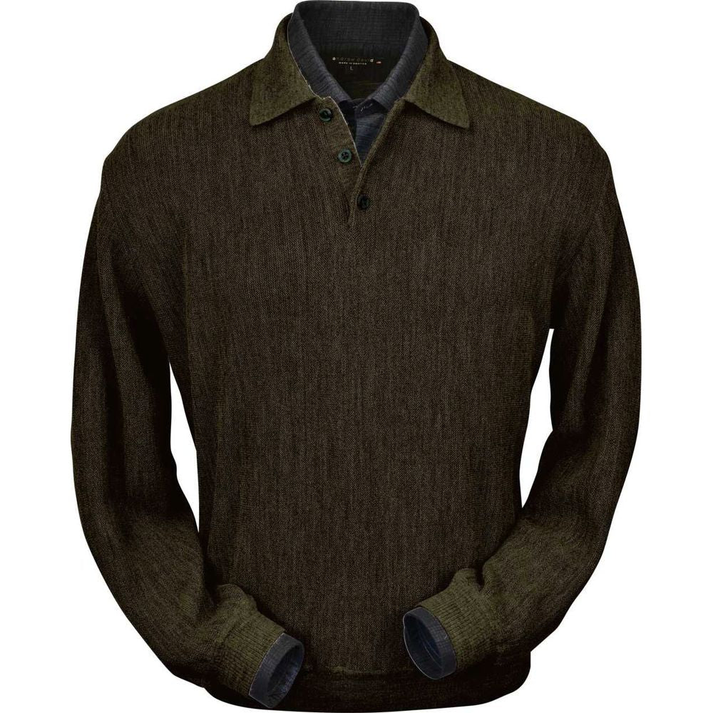 Baby Alpaca 'Links Stitch' Polo Style Sweater in Pine Olive Heather by Peru Unlimited