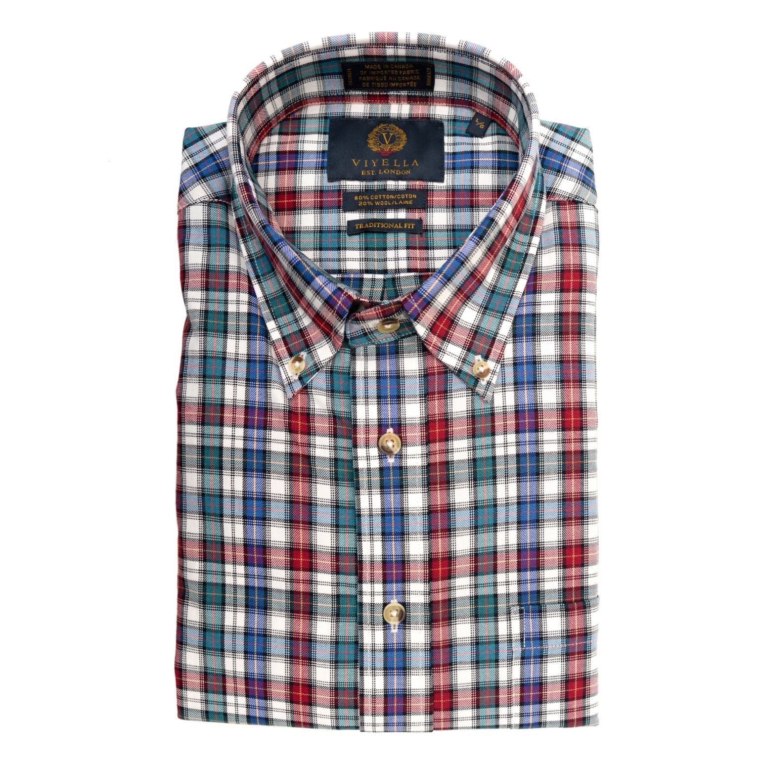 Blue, Aqua, and Red Plaid Cotton and Wool Blend Button-Down Shirt by Viyella