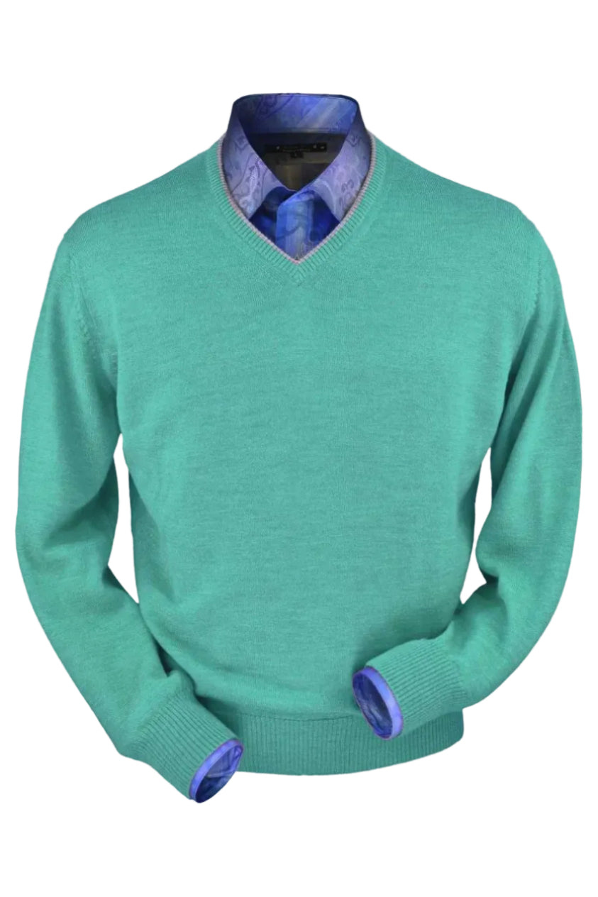 Royal Alpaca V-Neck Sweater in Aqua Heather by Peru Unlimited