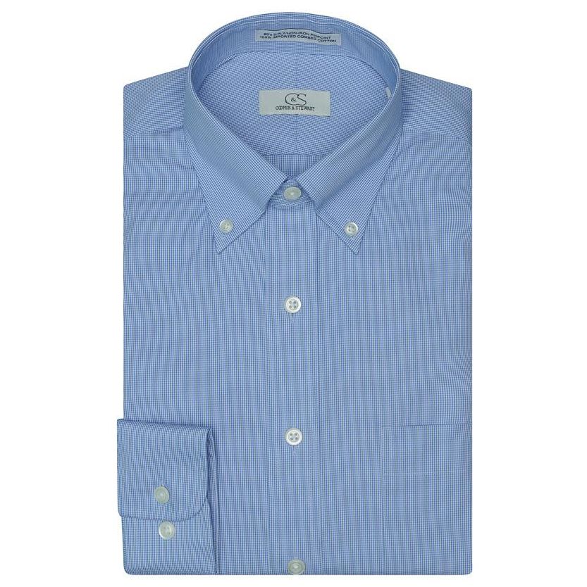 The Aberdeen - Wrinkle-Free Mini Houndstooth Cotton Dress Shirt with Button-Down Collar in Blue by Cooper & Stewart